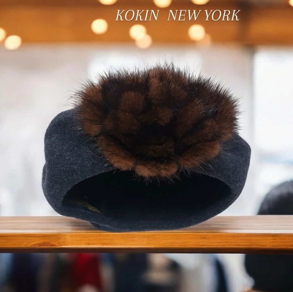 KOKIN NEW YORK  Mink Fur Rose Beret Hat